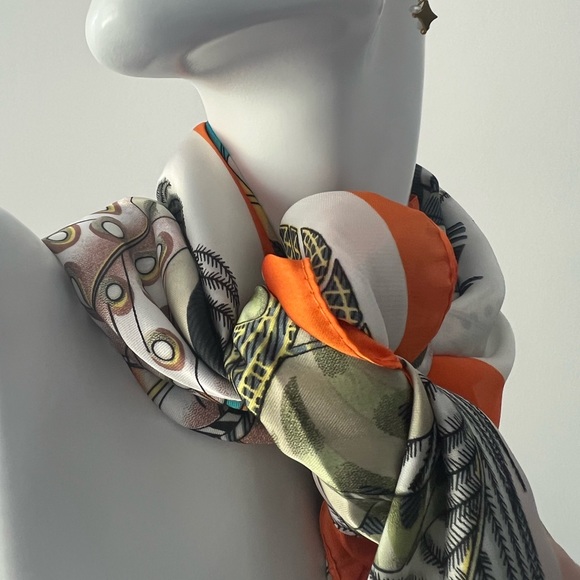 Retro vintage orange white Feather silk scarf wrap - Picture 5 of 9